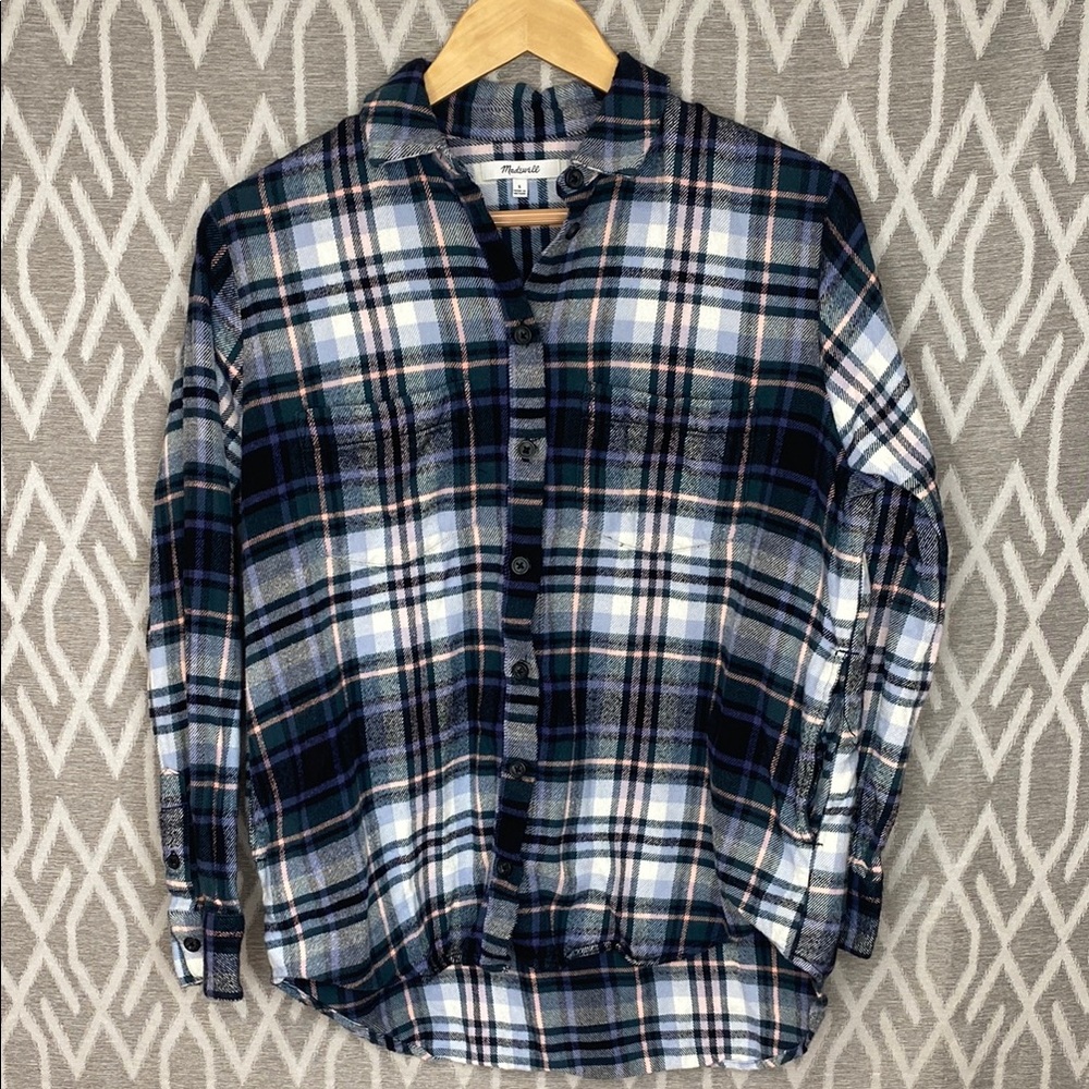 Madewell Navy Green White Pink Plaid Flannel Button Down Shirt Size: Small
